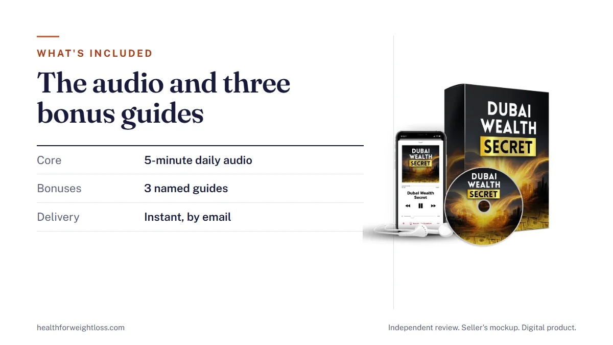 What is included with Dubai Wealth Secret: the 5-minute daily audio, three bonus guides and delivery by email, beside the seller's mockup
